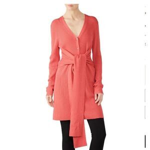 Tome Merino Wool Tie Front Long Ribbed Cardigan Coral and Pink Size Small